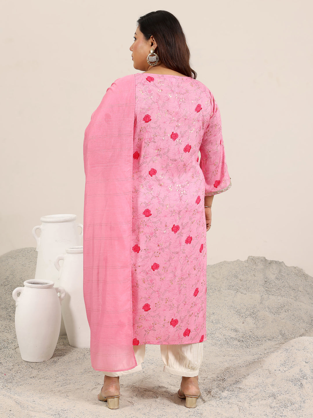 Plus Size Pink Printed Cotton Blend Straight Suit Set With Dupatta
