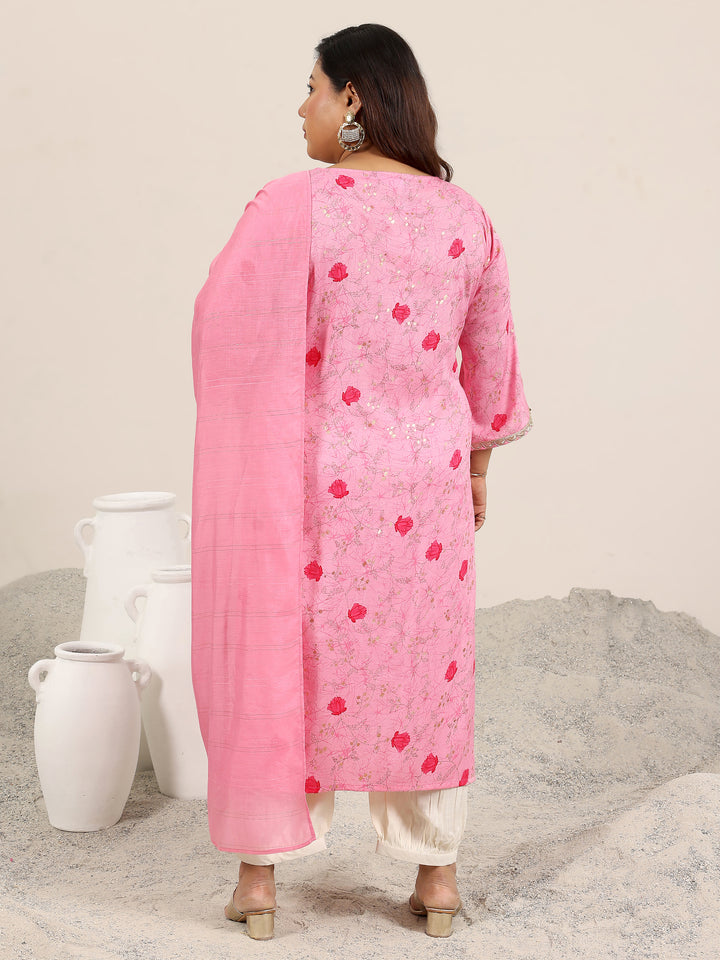 Plus Size Pink Printed Cotton Blend Straight Suit Set With Dupatta