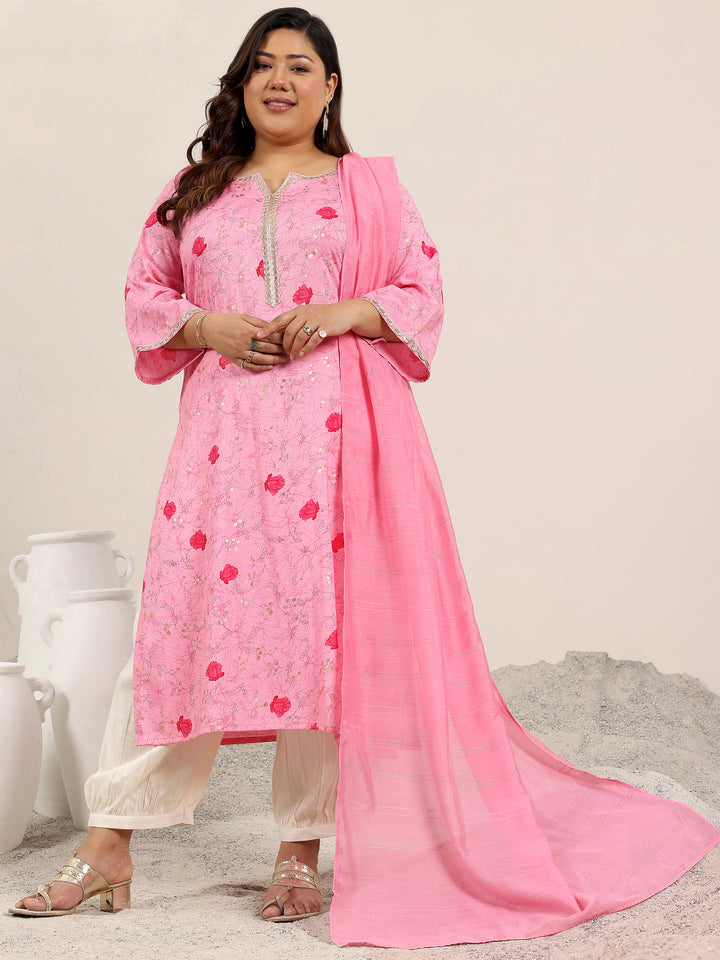 Plus Size Pink Printed Cotton Blend Straight Suit Set With Dupatta