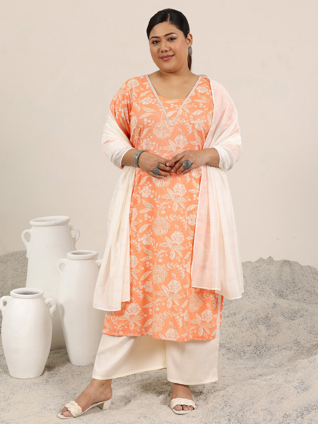 Plus Size Orange Printed Cotton Blend Straight Suit Set With Dupatta
