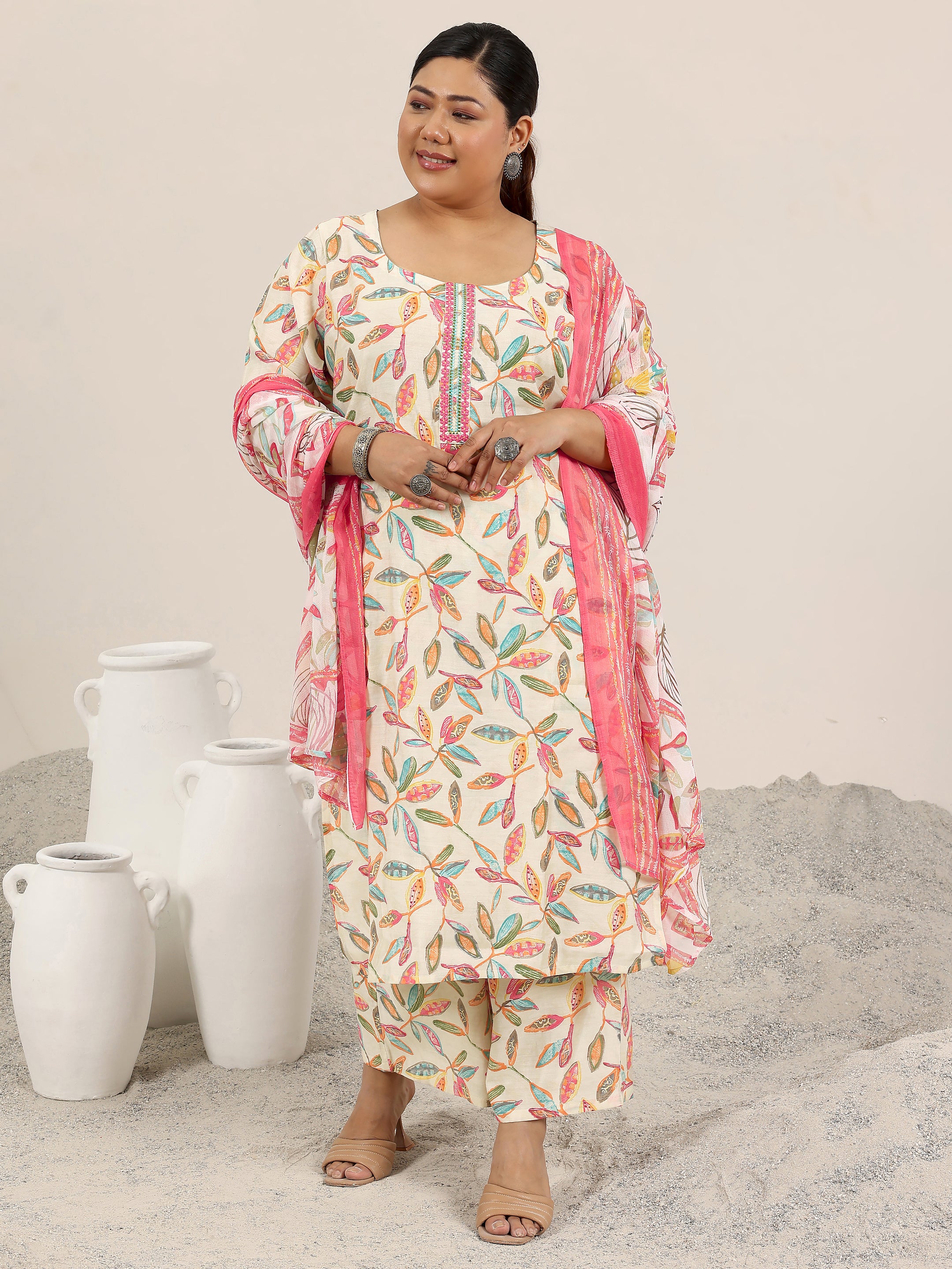 Off White Printed Silk Blend Straight Suit Set With Dupatta