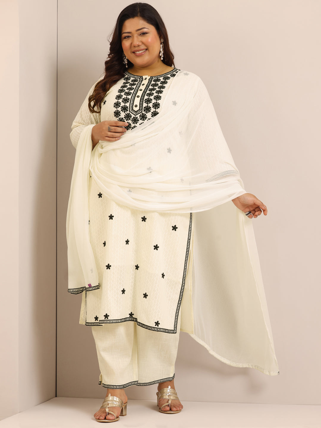 Plus Size Off White Embroidered Cotton Straight Suit Set With Dupatta