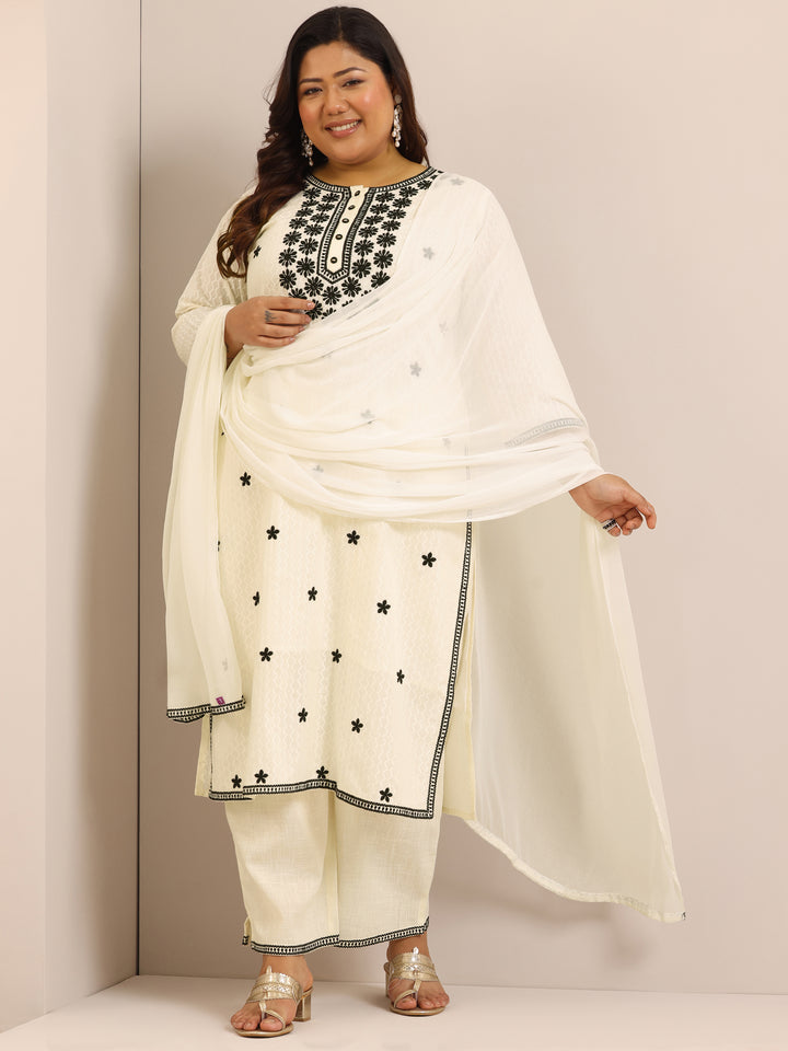 Plus Size Off White Embroidered Cotton Straight Suit Set With Dupatta