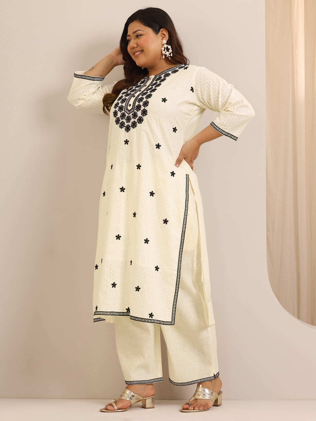 Plus Size Off White Embroidered Cotton Straight Suit Set With Dupatta