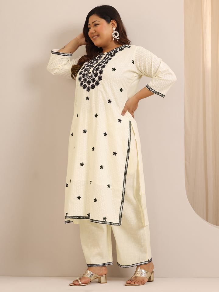 Plus Size Off White Embroidered Cotton Straight Suit Set With Dupatta