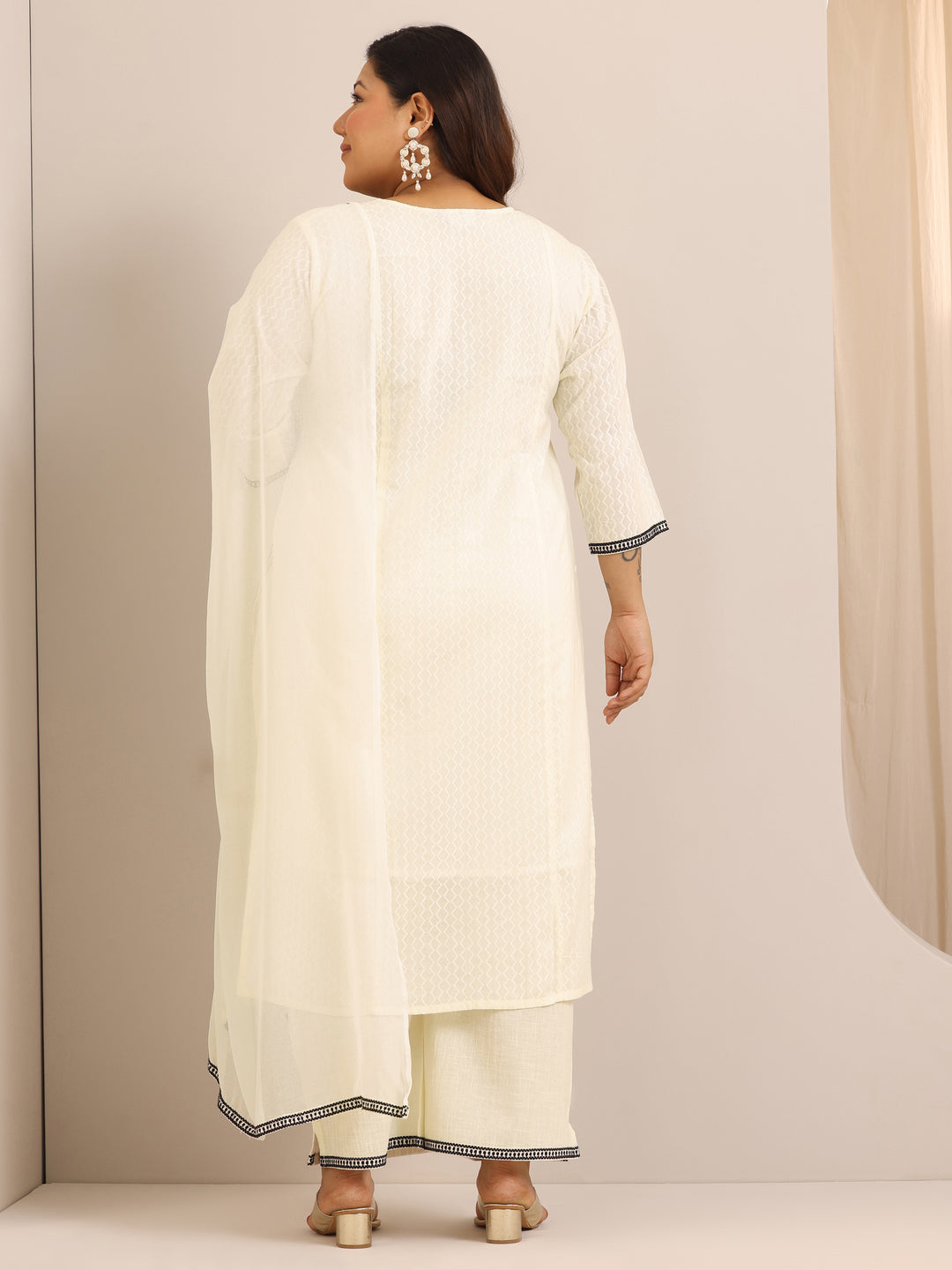 Plus Size Off White Embroidered Cotton Straight Suit Set With Dupatta