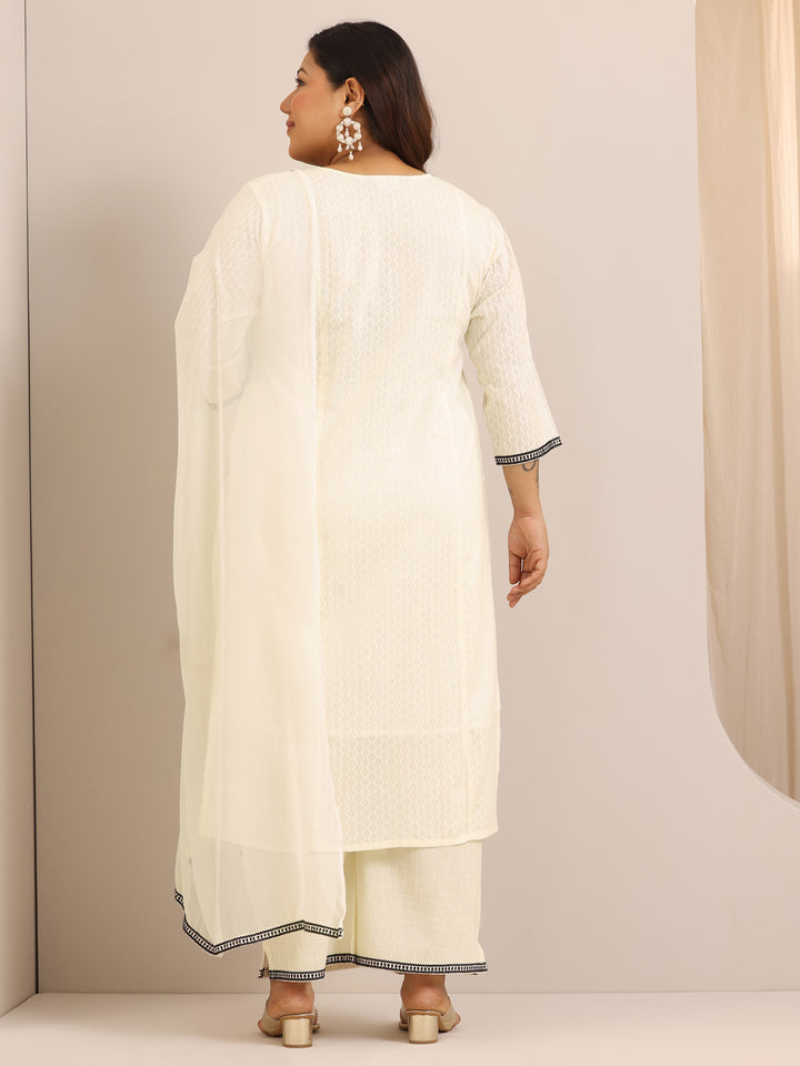 Plus Size Off White Embroidered Cotton Straight Suit Set With Dupatta