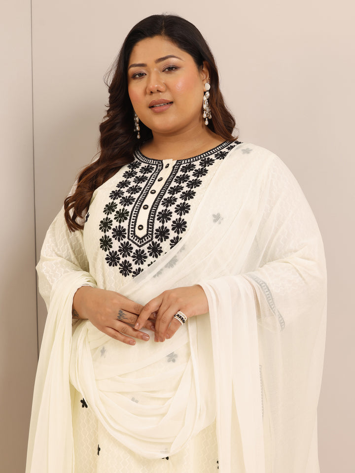 Plus Size Off White Embroidered Cotton Straight Suit Set With Dupatta