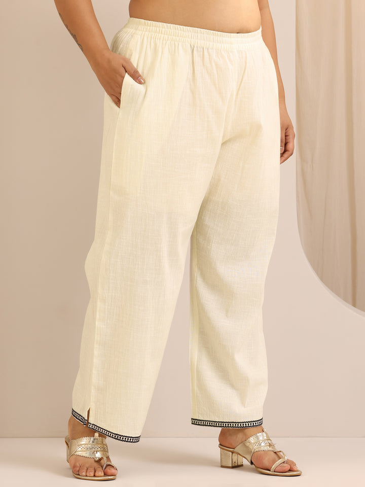 Plus Size Off White Embroidered Cotton Straight Suit Set With Dupatta