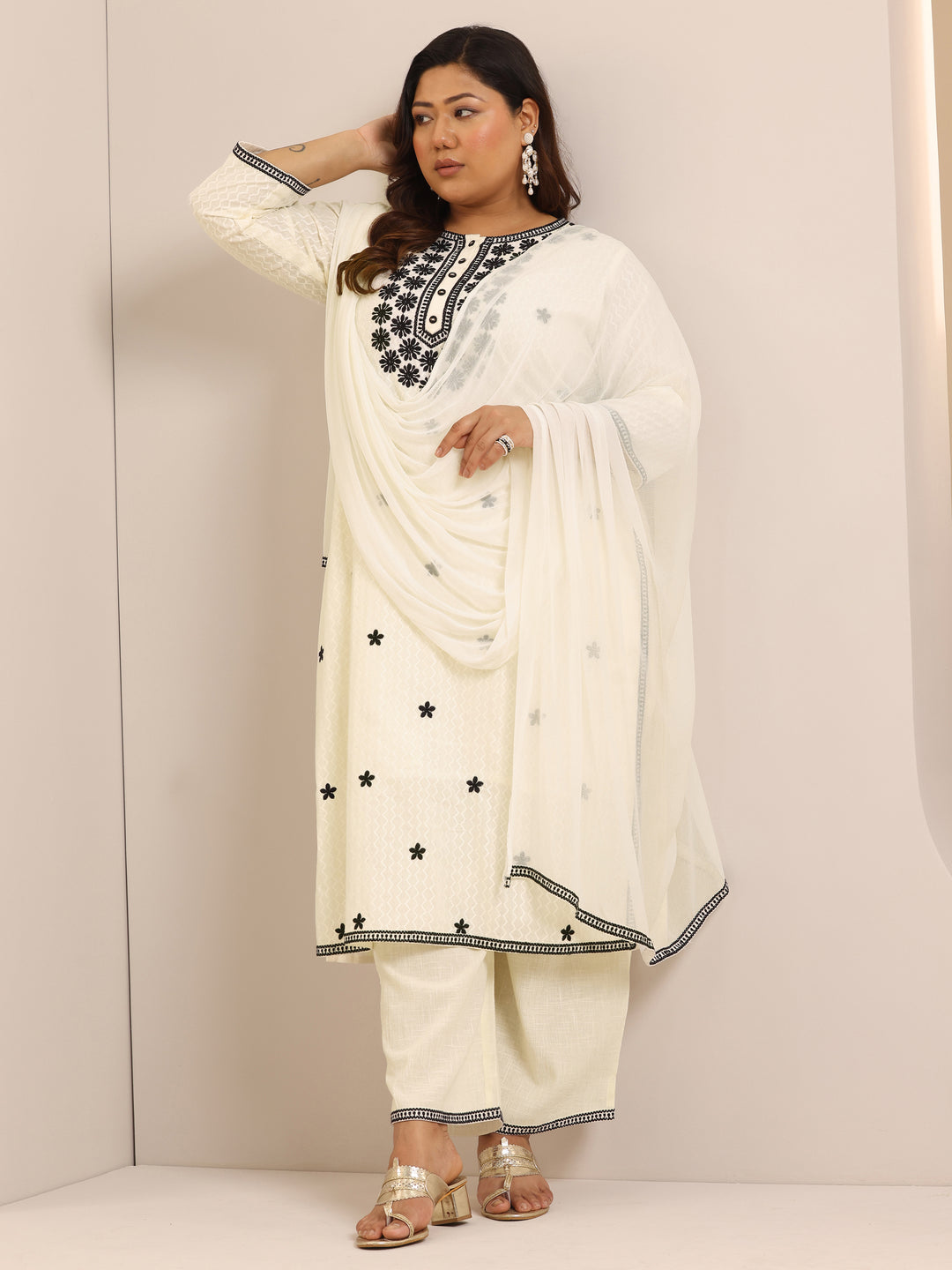 Plus Size Off White Embroidered Cotton Straight Suit Set With Dupatta