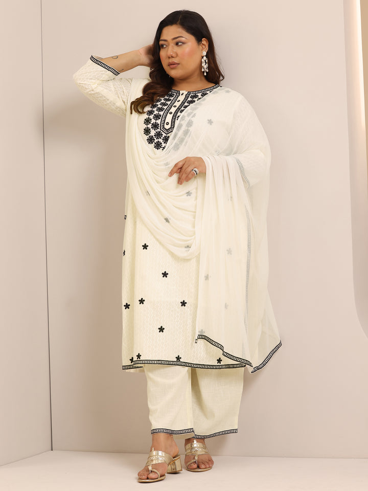 Plus Size Off White Embroidered Cotton Straight Suit Set With Dupatta
