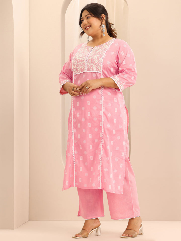 Plus Size Pink Embroidered Cotton Straight Suit Set With Dupatta