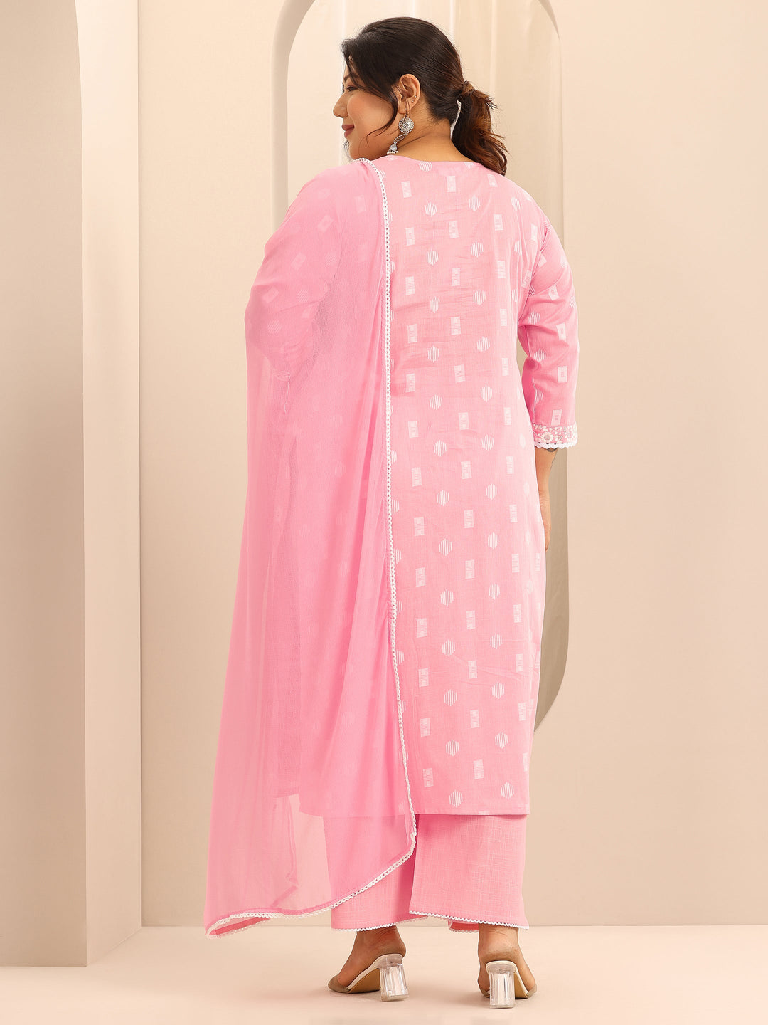 Plus Size Pink Embroidered Cotton Straight Suit Set With Dupatta