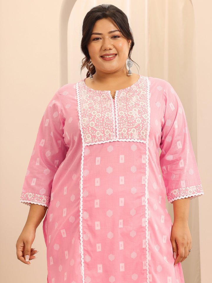 Plus Size Pink Embroidered Cotton Straight Suit Set With Dupatta