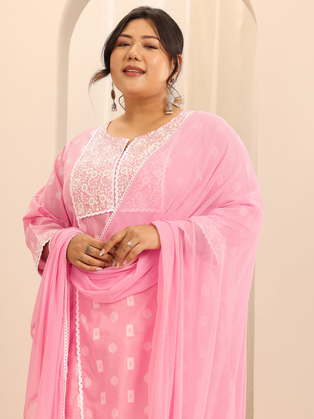 Plus Size Pink Embroidered Cotton Straight Suit Set With Dupatta