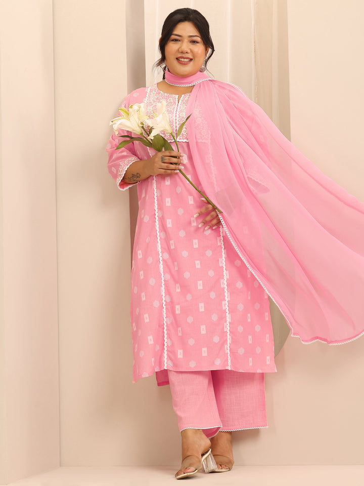Plus Size Pink Embroidered Cotton Straight Suit Set With Dupatta