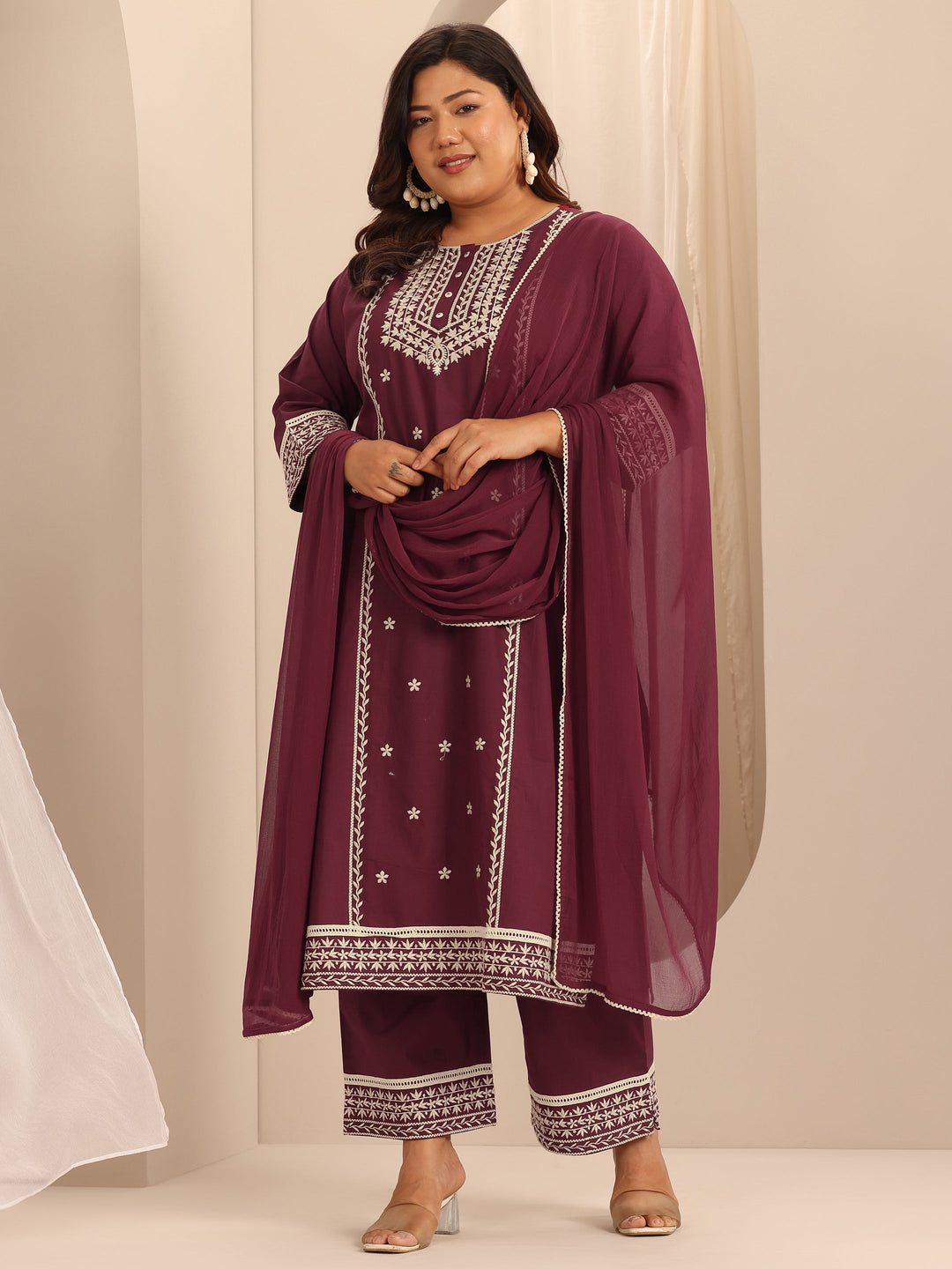 Plus Size Maroon Embroidered Cotton Straight Suit Set With Dupatta