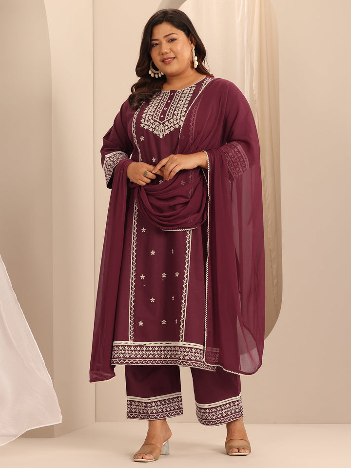 Plus Size Maroon Embroidered Cotton Straight Suit Set With Dupatta
