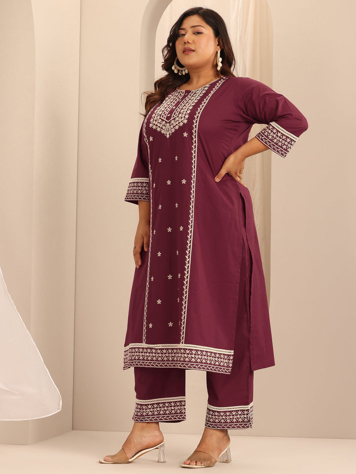 Plus Size Maroon Embroidered Cotton Straight Suit Set With Dupatta