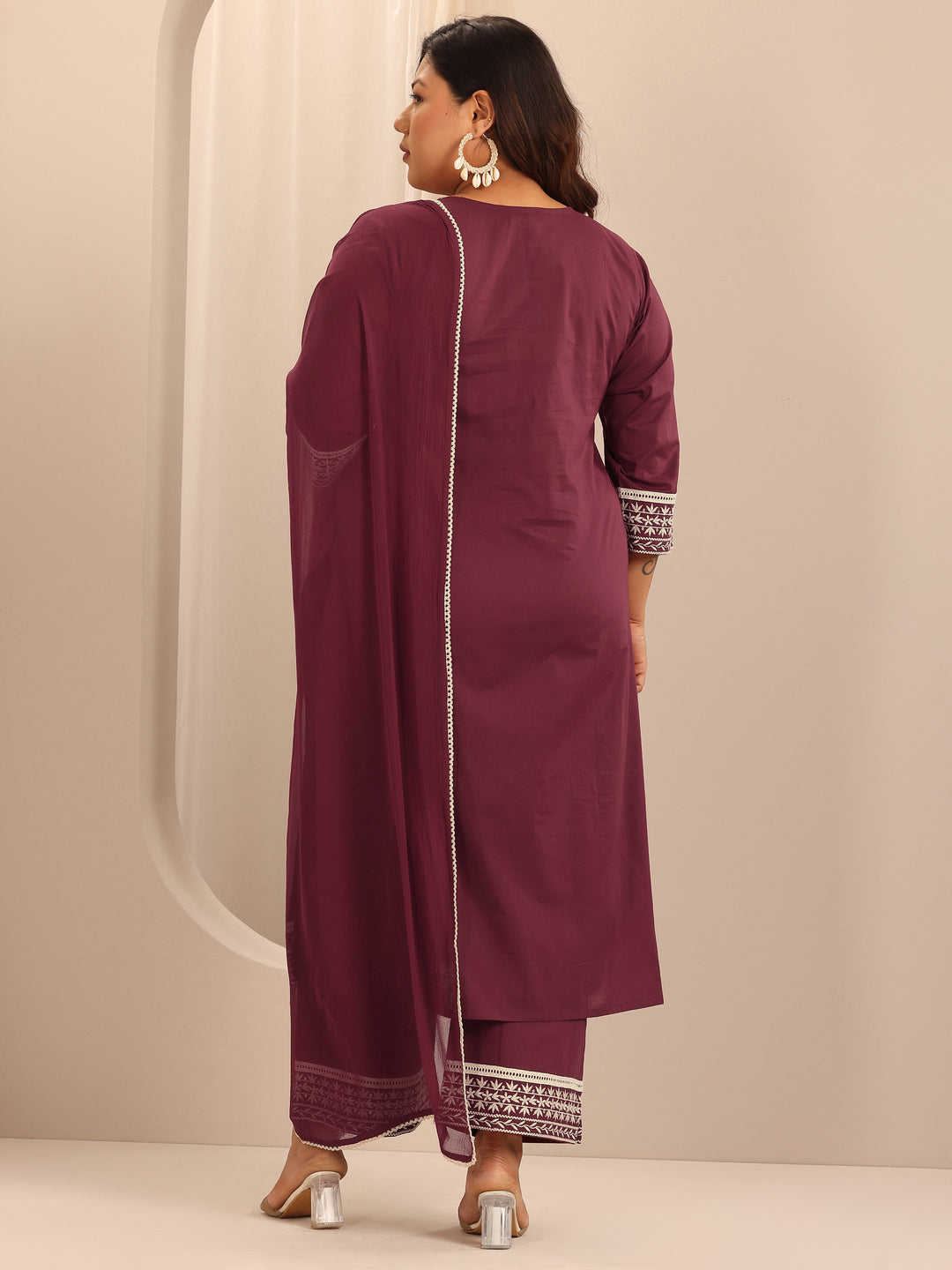 Plus Size Maroon Embroidered Cotton Straight Suit Set With Dupatta