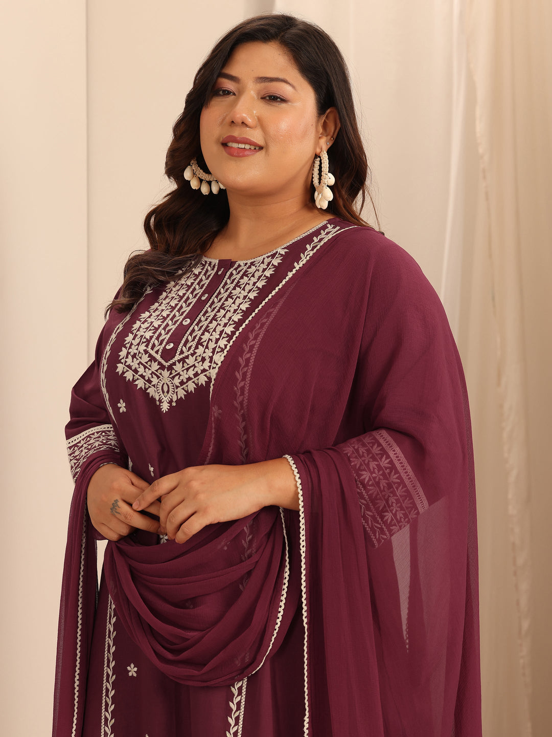 Plus Size Maroon Embroidered Cotton Straight Suit Set With Dupatta