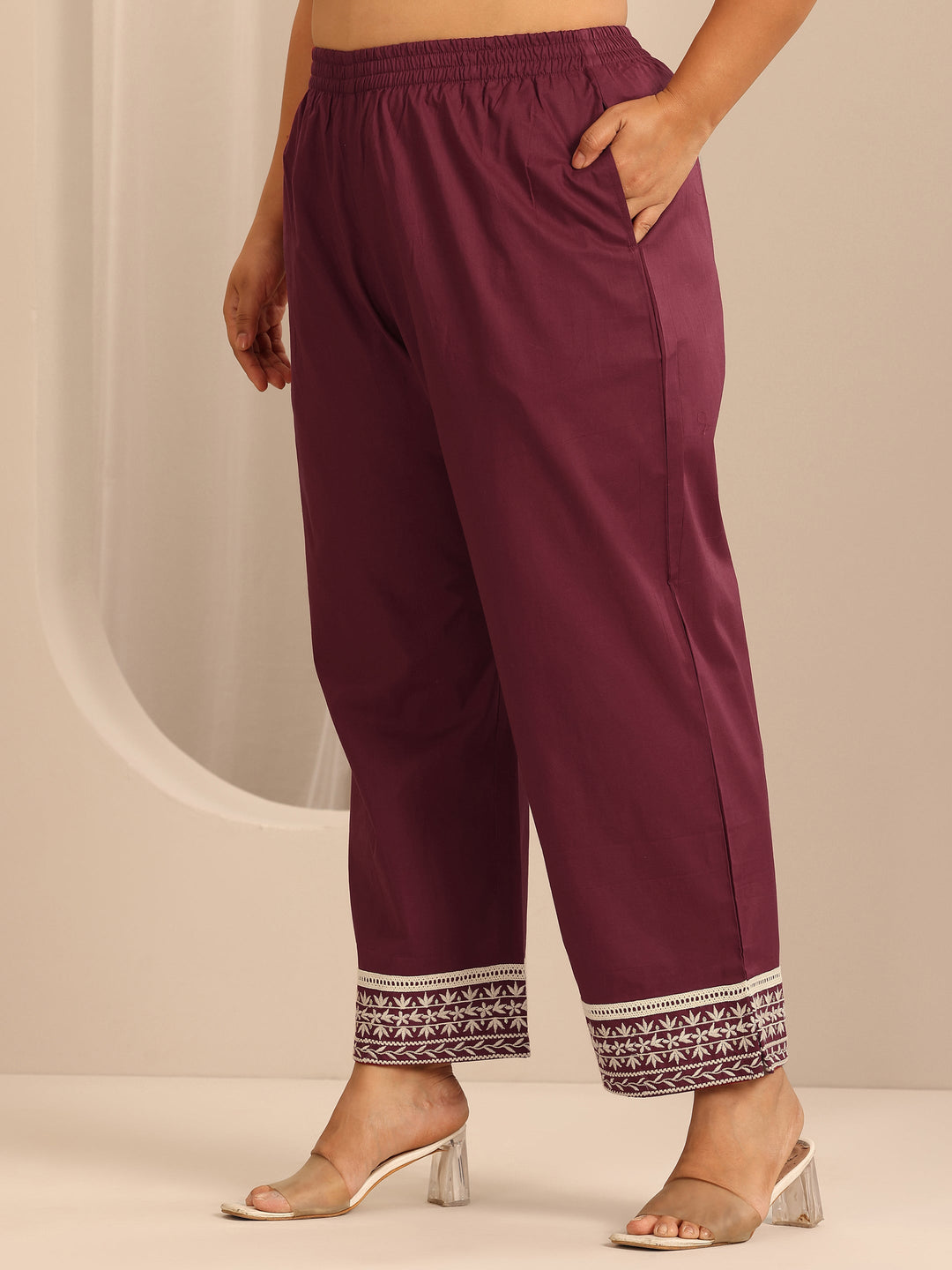 Plus Size Maroon Embroidered Cotton Straight Suit Set With Dupatta