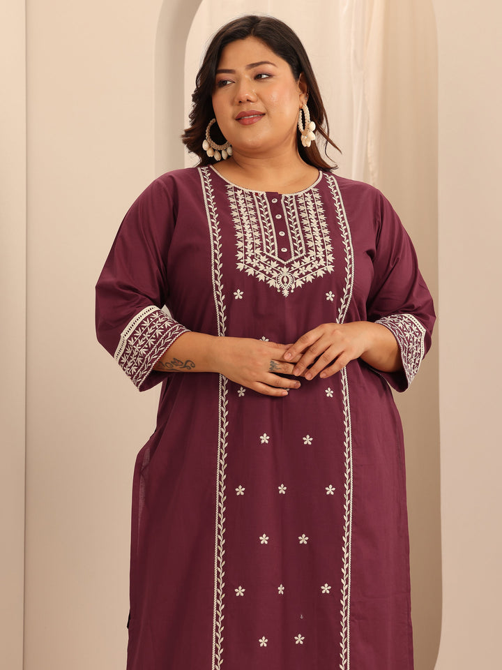 Plus Size Maroon Embroidered Cotton Straight Suit Set With Dupatta