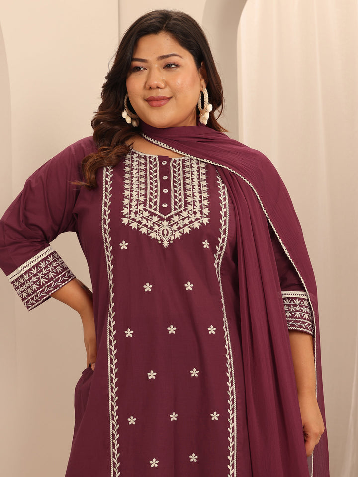 Plus Size Maroon Embroidered Cotton Straight Suit Set With Dupatta