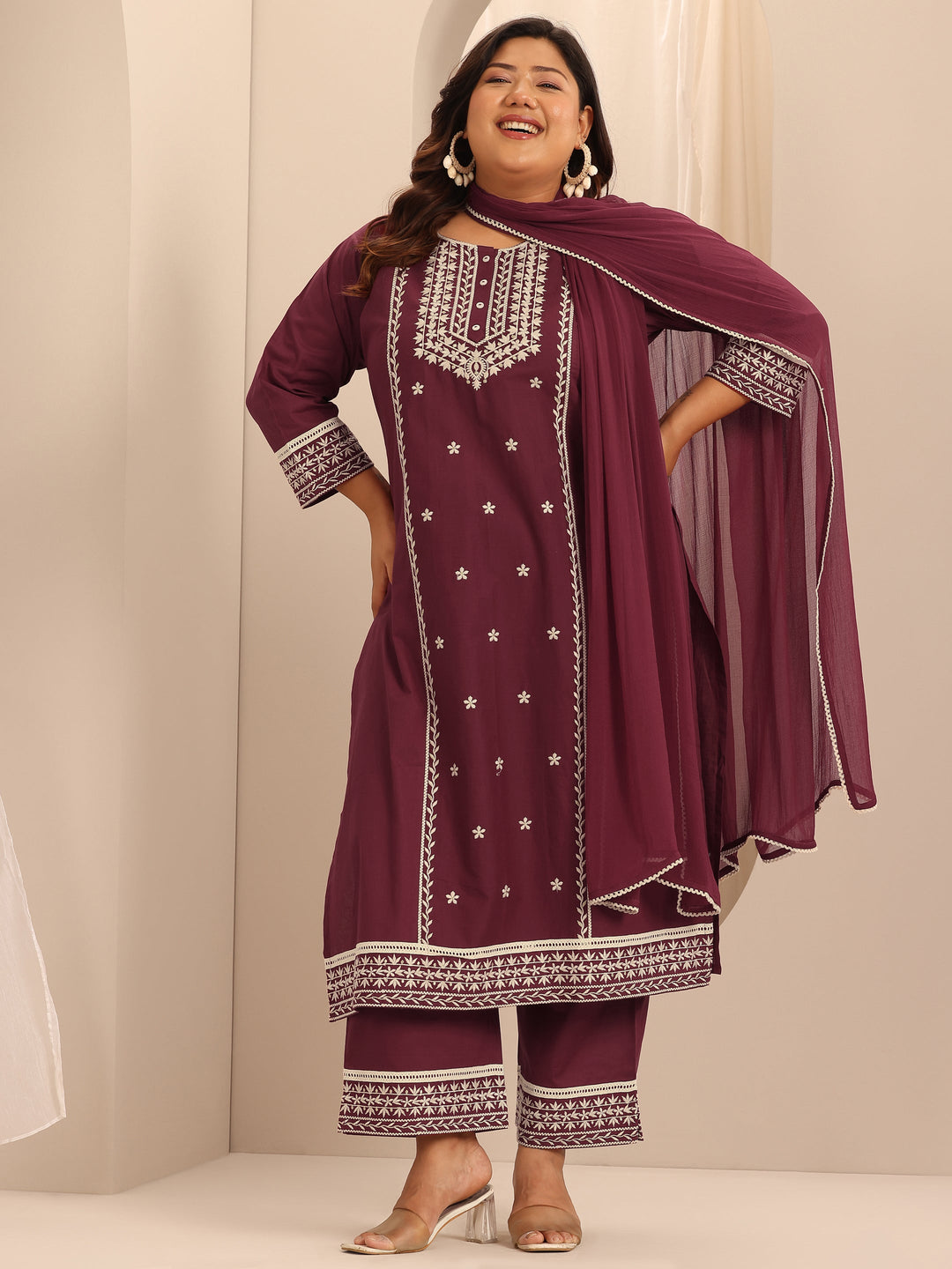 Plus Size Maroon Embroidered Cotton Straight Suit Set With Dupatta