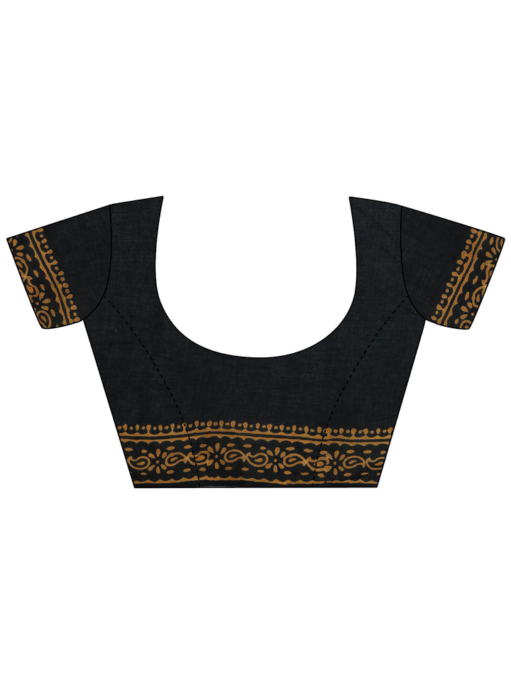 Black Printed Cotton Saree With Unstitched Blouse Piece