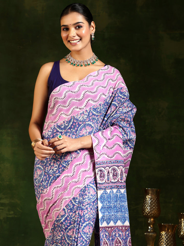 Blue Printed Cotton Saree With Unstitched Blouse Piece