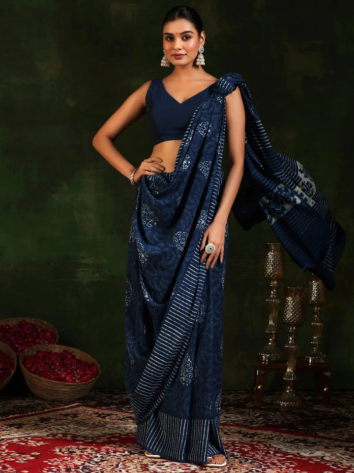 Indigo Printed Cotton Saree With Unstitched Blouse Piece