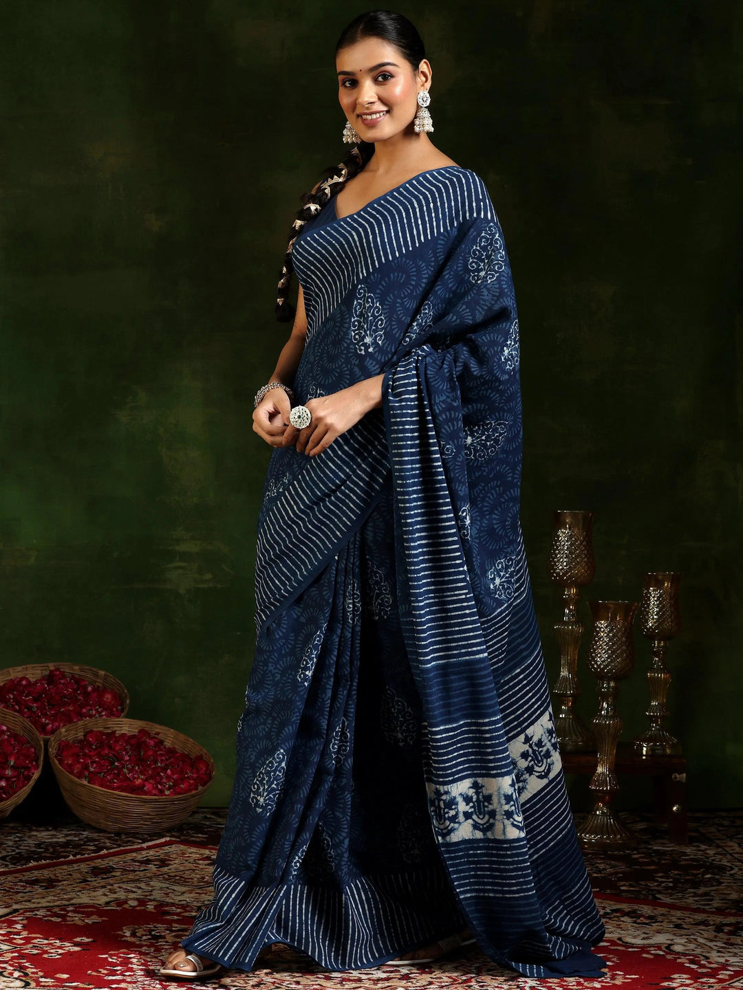 Indigo Printed Cotton Saree With Unstitched Blouse Piece