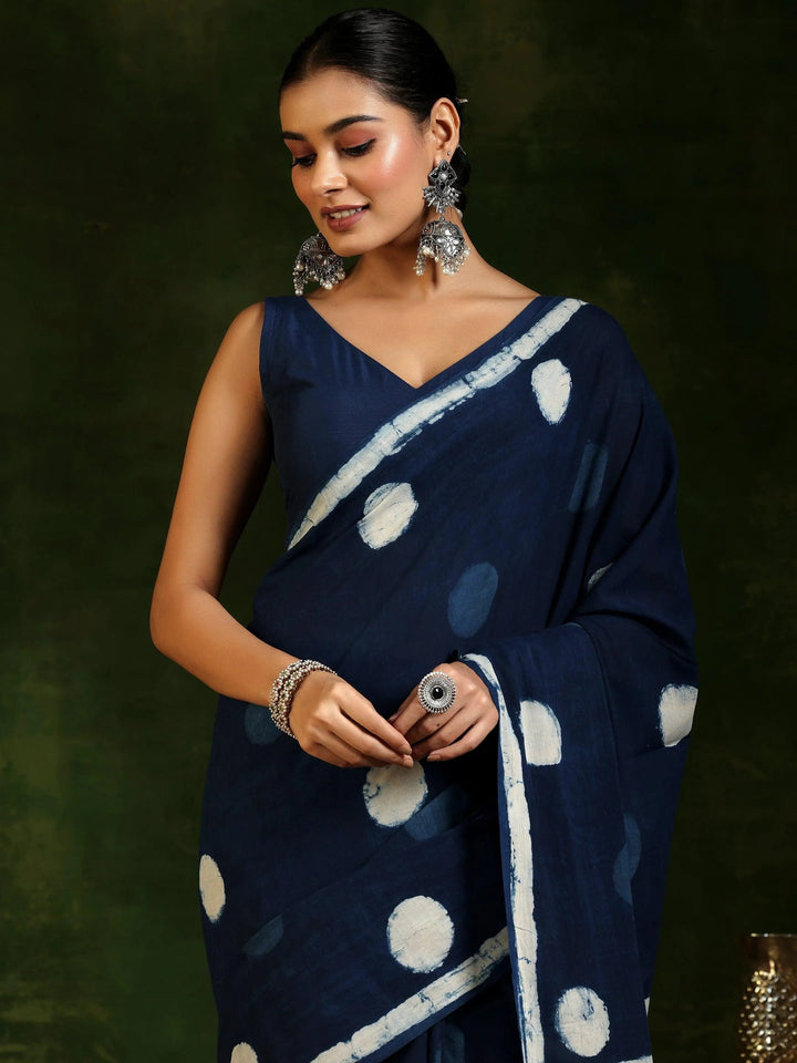 Indigo Printed Cotton Saree With Unstitched Blouse Piece
