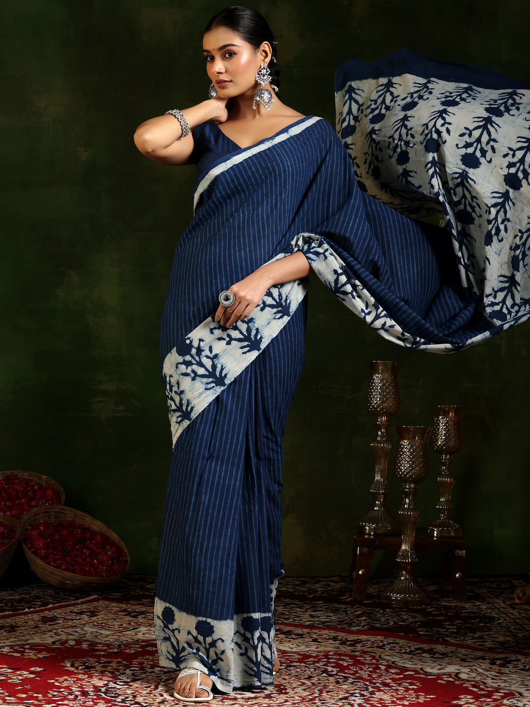 Indigo Printed Cotton Saree With Unstitched Blouse Piece