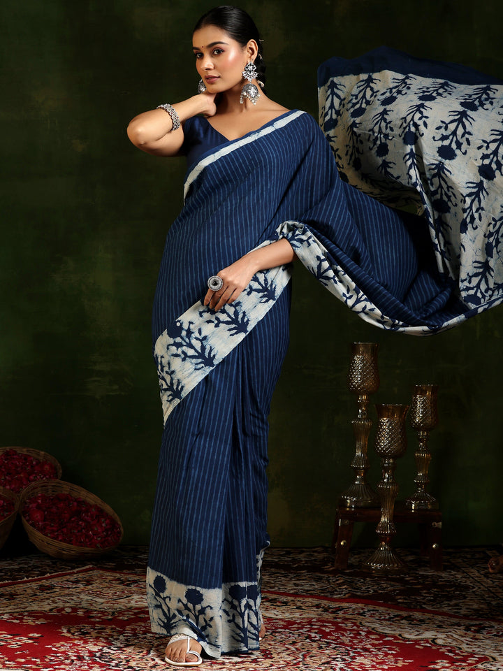 Indigo Printed Cotton Saree With Unstitched Blouse Piece