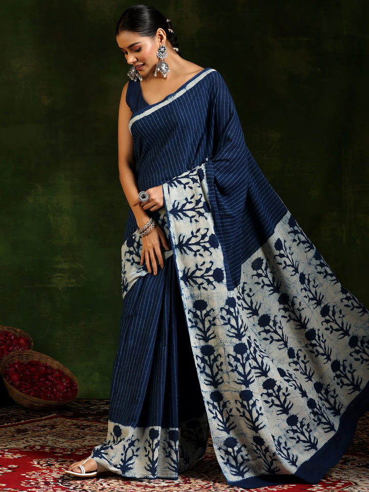 Indigo Printed Cotton Saree With Unstitched Blouse Piece