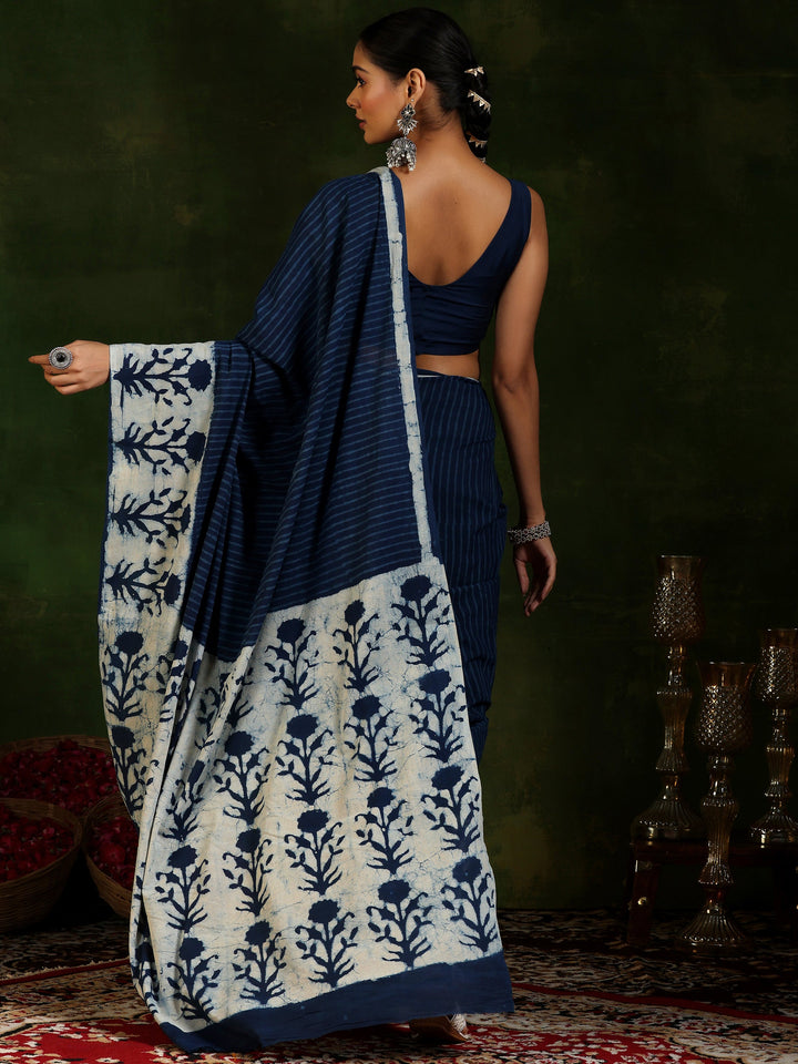 Indigo Printed Cotton Saree With Unstitched Blouse Piece