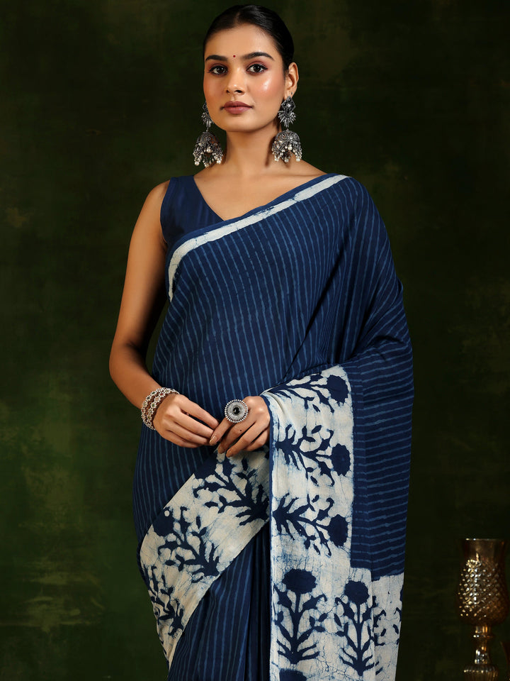 Indigo Printed Cotton Saree With Unstitched Blouse Piece