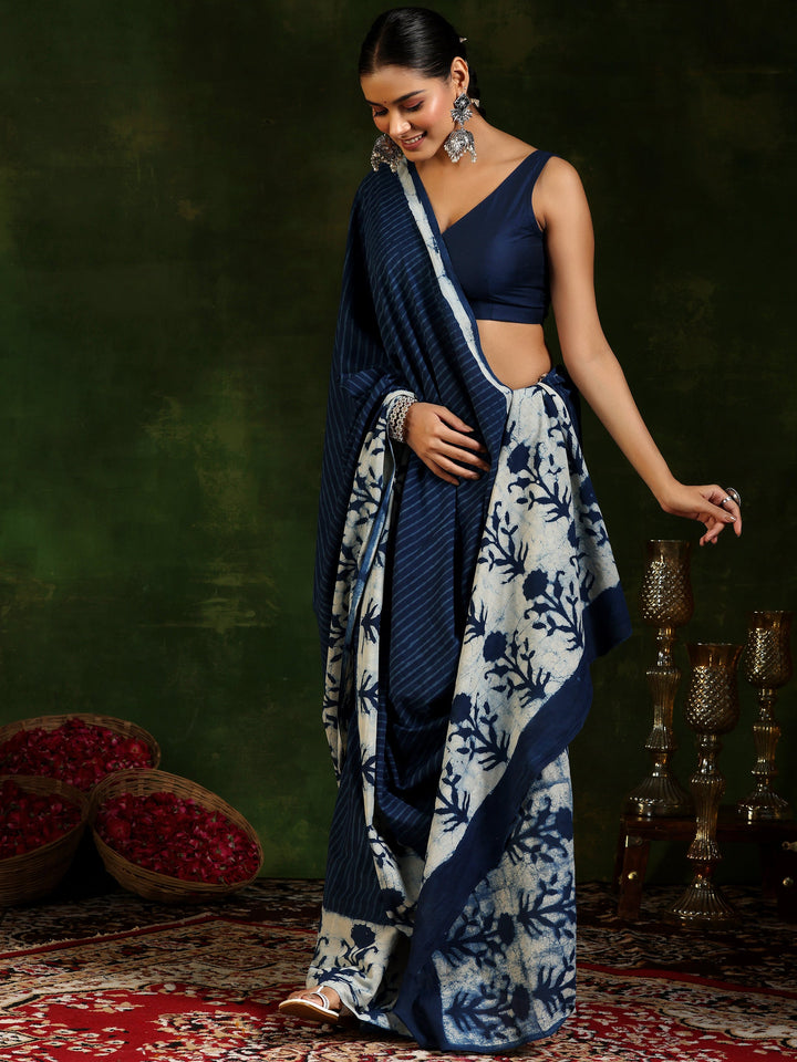 Indigo Printed Cotton Saree With Unstitched Blouse Piece