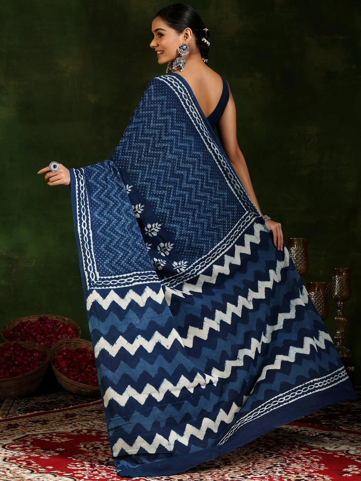 Indigo Printed Cotton Saree With Unstitched Blouse Piece