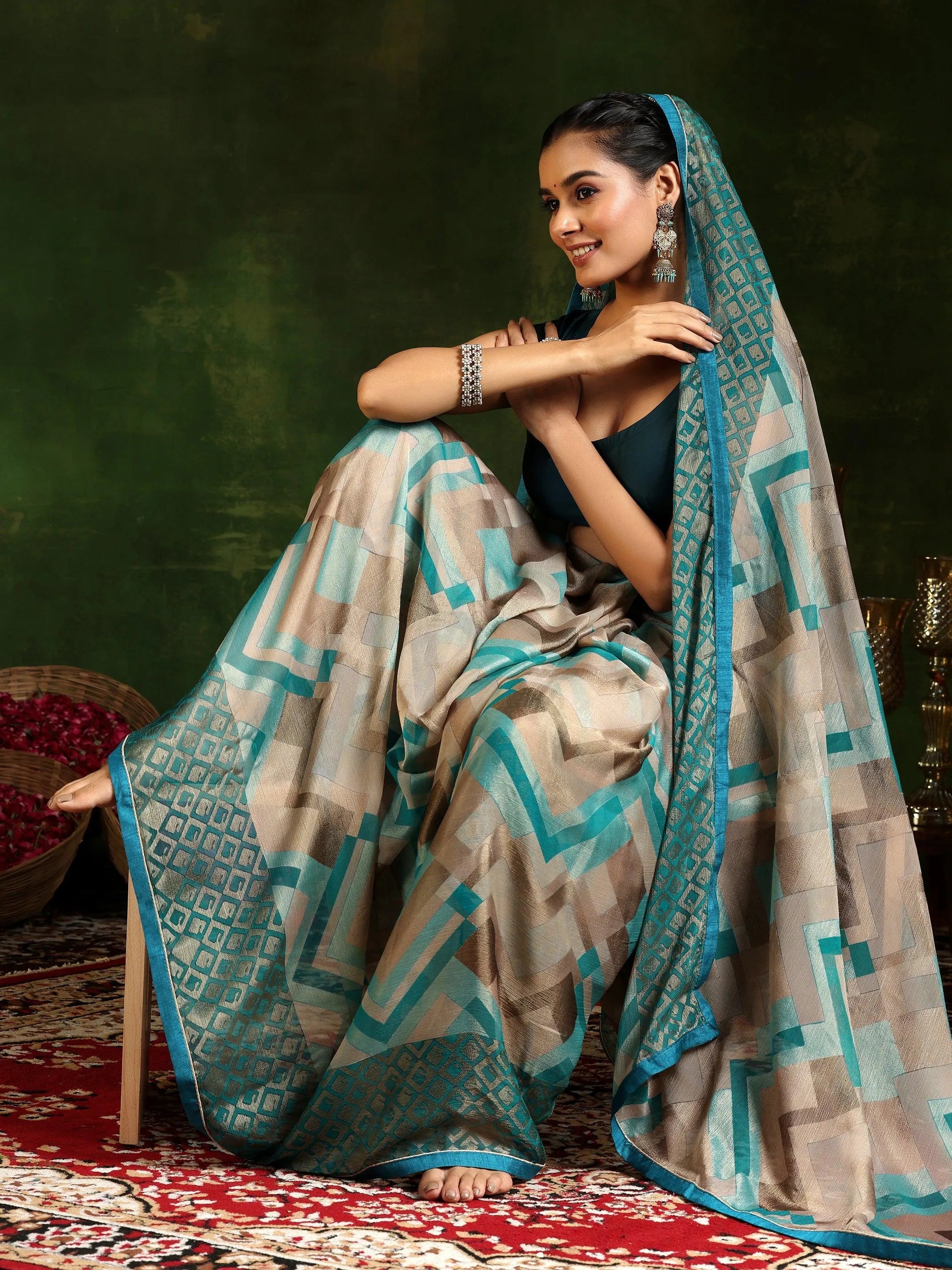 Rama ivory cotton saree with embroidered blouse main image 1