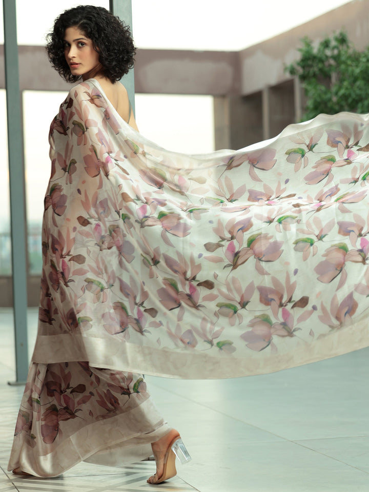 Beige Printed Poly Chiffon Saree With Unstitched Blouse Piece