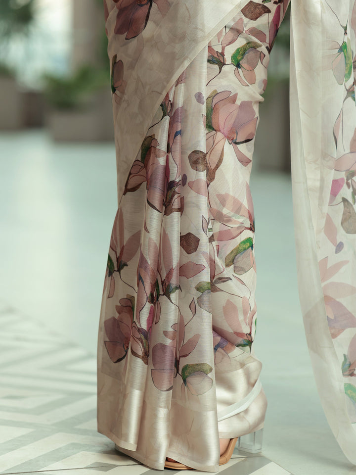 Beige Printed Poly Chiffon Saree With Unstitched Blouse Piece