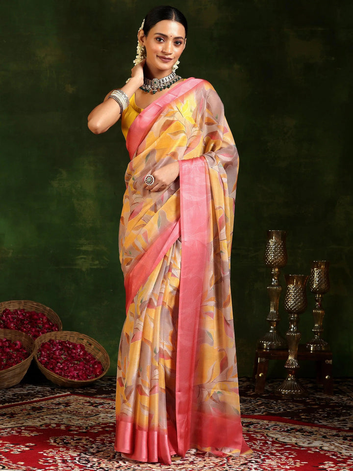 Mustard Printed Poly Chiffon Saree With Unstitched Blouse Piece