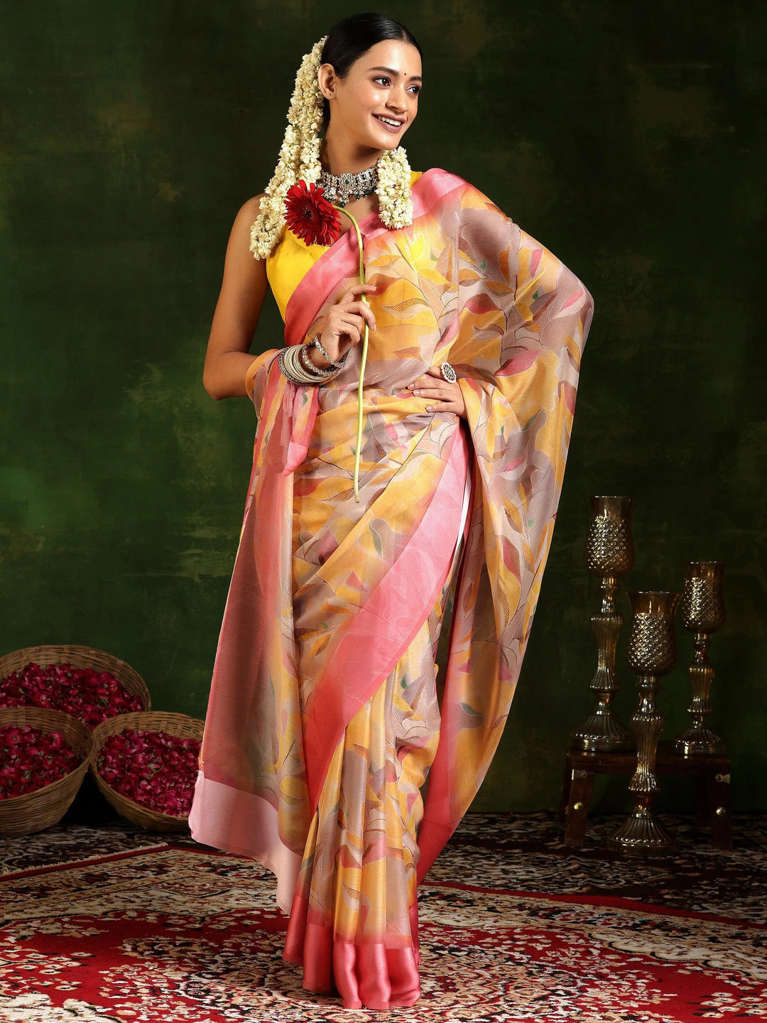 Mustard Printed Poly Chiffon Saree With Unstitched Blouse Piece