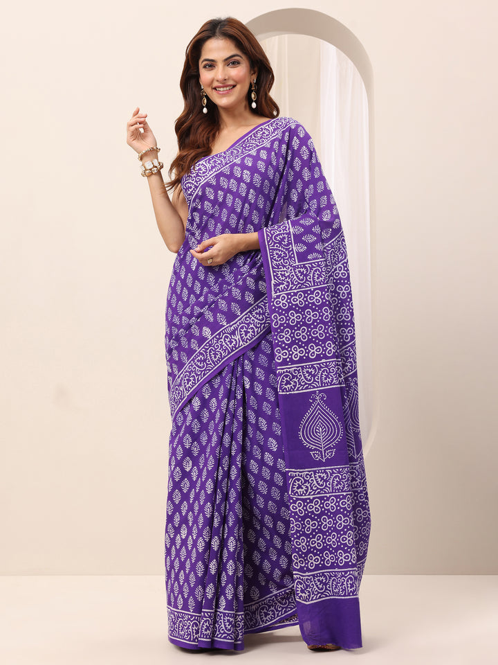 Purple Printed Cotton Saree With Unstitched Blouse