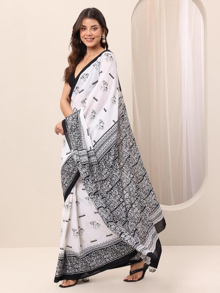 White Printed Cotton Saree With Unstitched Blouse Piece