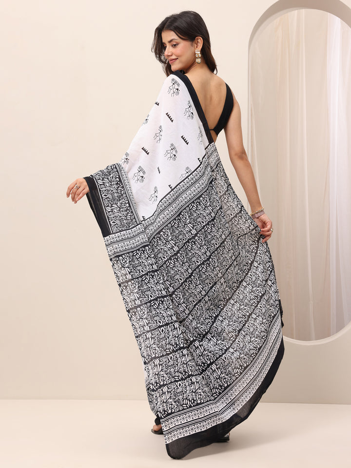 White Printed Cotton Saree With Unstitched Blouse Piece