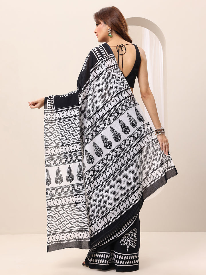 Black Printed Cotton Saree With Unstitched Blouse Piece